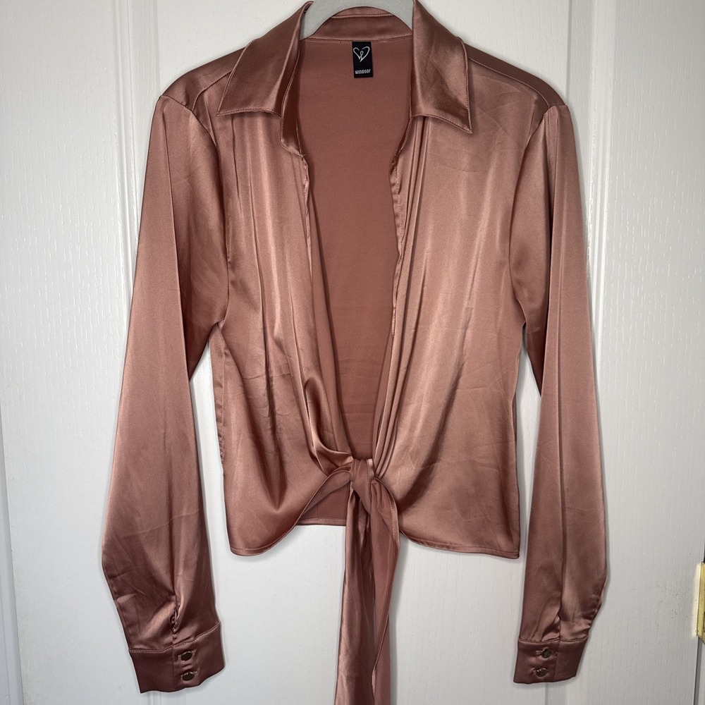 Windsor So Sleek Satin Tie Front Blouse Small Mauve Rose Long Sleeve Collared